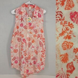 NWT C&C California M | Linen Coral Pink Seashell Starfish Sleeveless Shirt Dress
